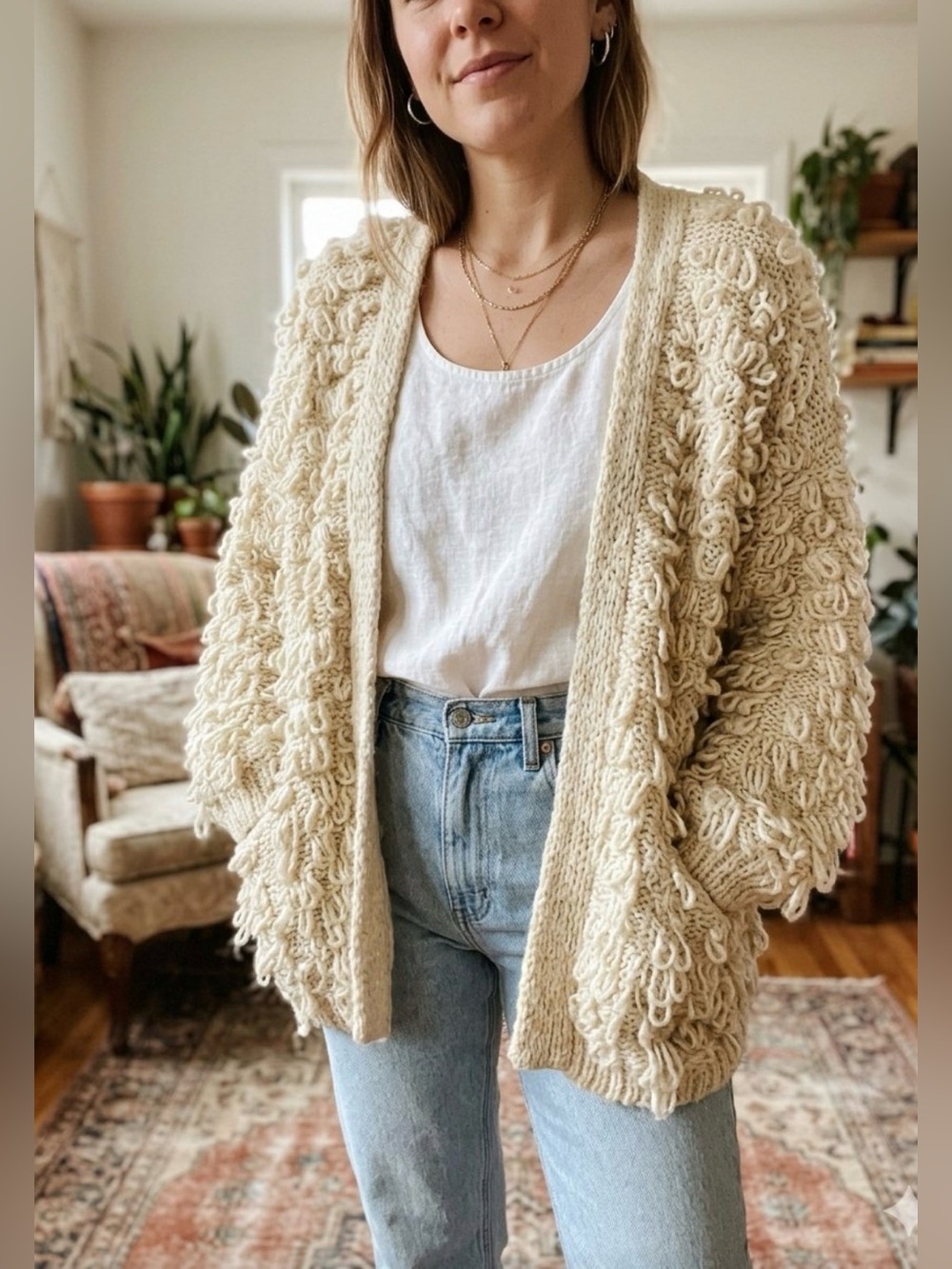 Akemi + Kim Cream Loop Knit Cardigan Sweater Oversized Slouchy Shag One Size OS